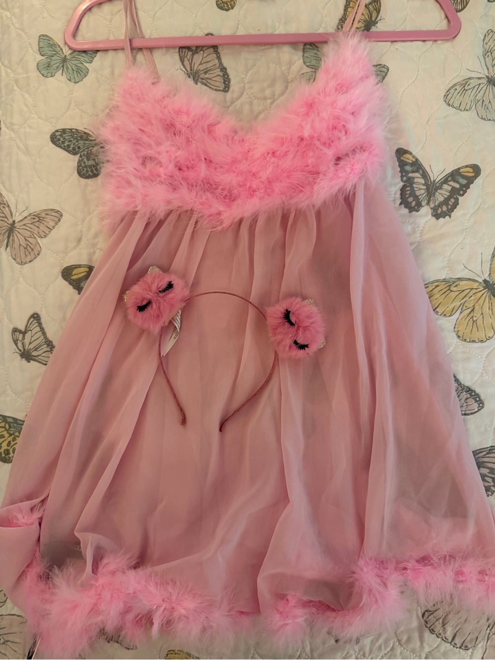 Dolls Kill Pink Feather-Trim Chiffon Party Dress with Fluffy Headband